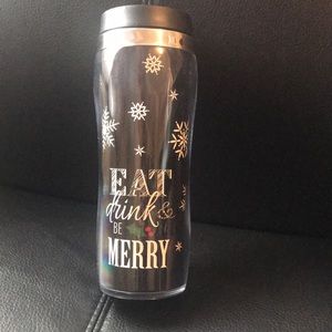 Holiday Black & White Chic Travel mug “eat drink be merry” Snowflakes & Holly
